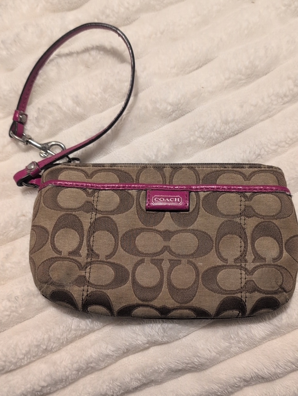 Coach Brown Signature Wristlet with Pink Trim